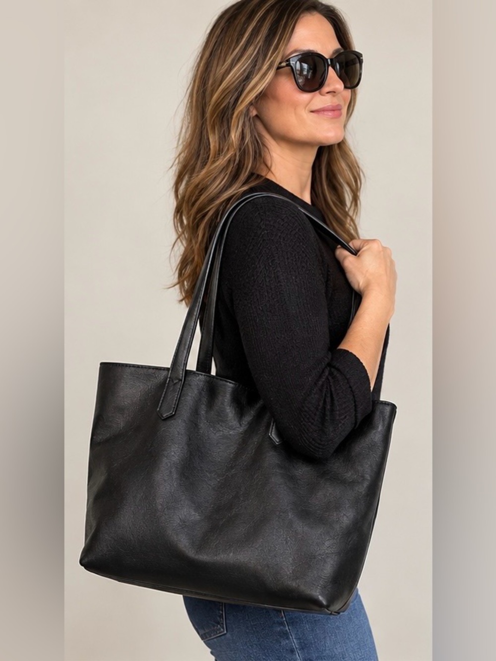 Black Faux Leather Tote Bag with Burgundy Lined Snap-In Pouch & Long Strap